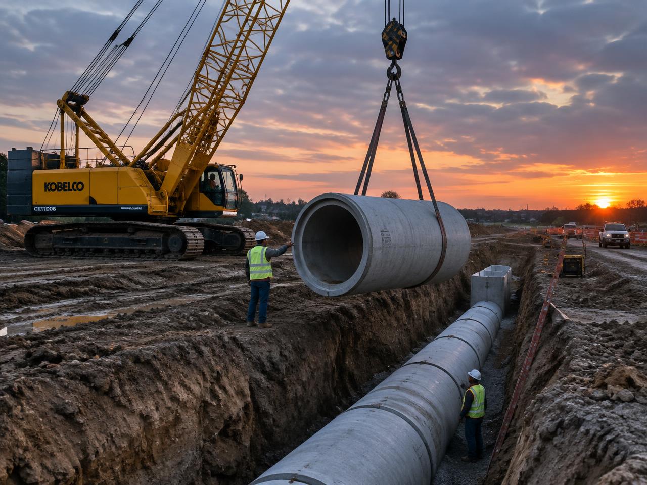 Crane lowering a concrete storm drain pipe into a trench